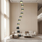 Loxia conical spiral chandelier with multiple black cone pendant shades, gold accents