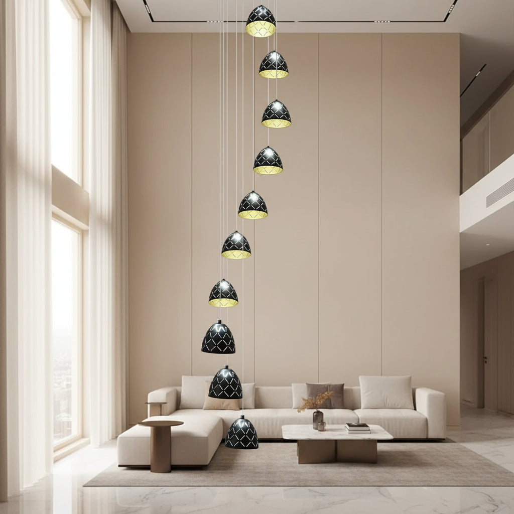 Loxia conical spiral chandelier with multiple black cone pendant shades, gold accents