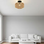 Round woven rattan ceiling drum light with black mounting canopy