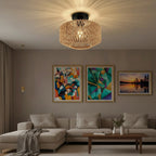 Rattan drum flush mount ceiling light above sectional sofa in living room