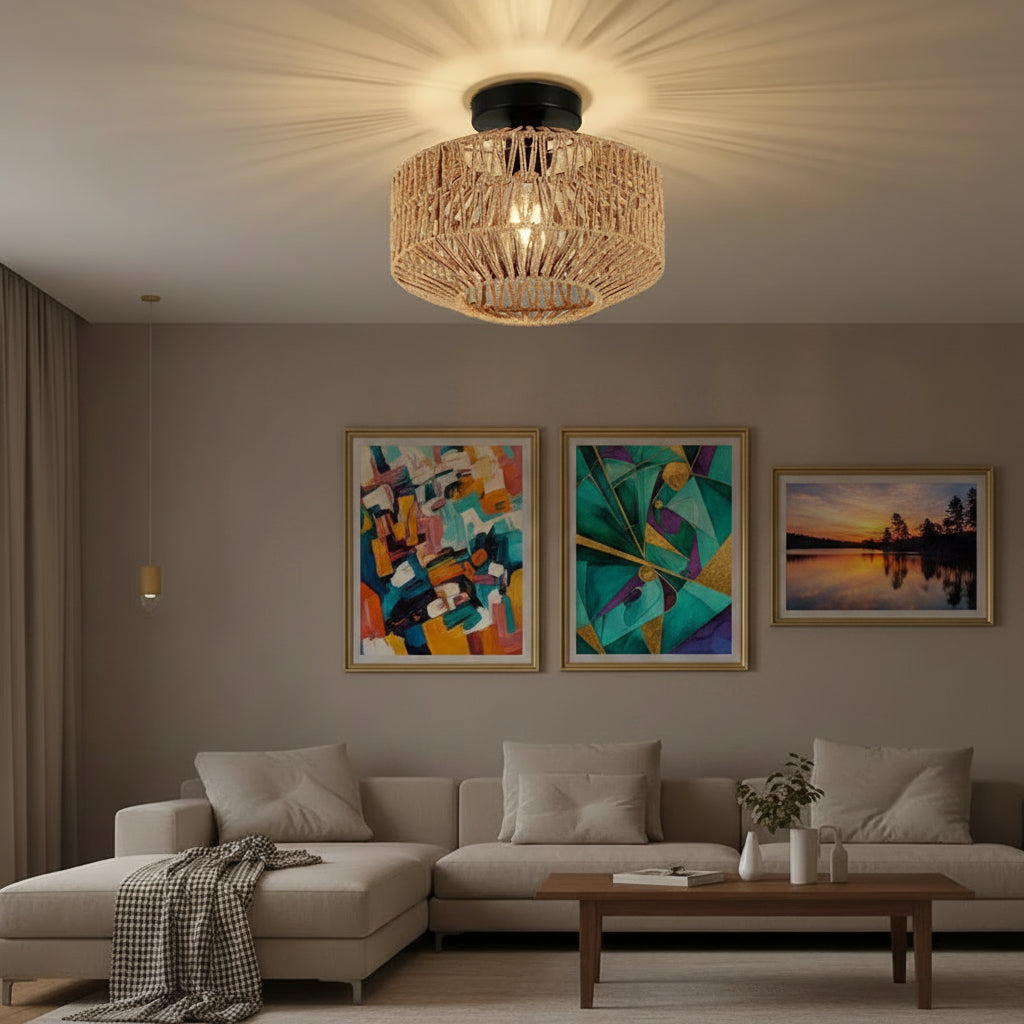 Rattan drum flush mount ceiling light above sectional sofa in living room