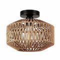 Round rattan flush mount ceiling light with black canopy and woven shade