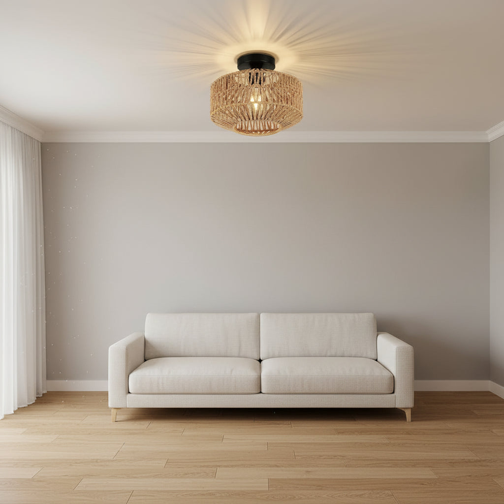 Woven rattan drum flush mount ceiling light centered above living room