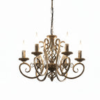 Antique gold candelabra cage chandelier with curved lattice and scroll candle arms