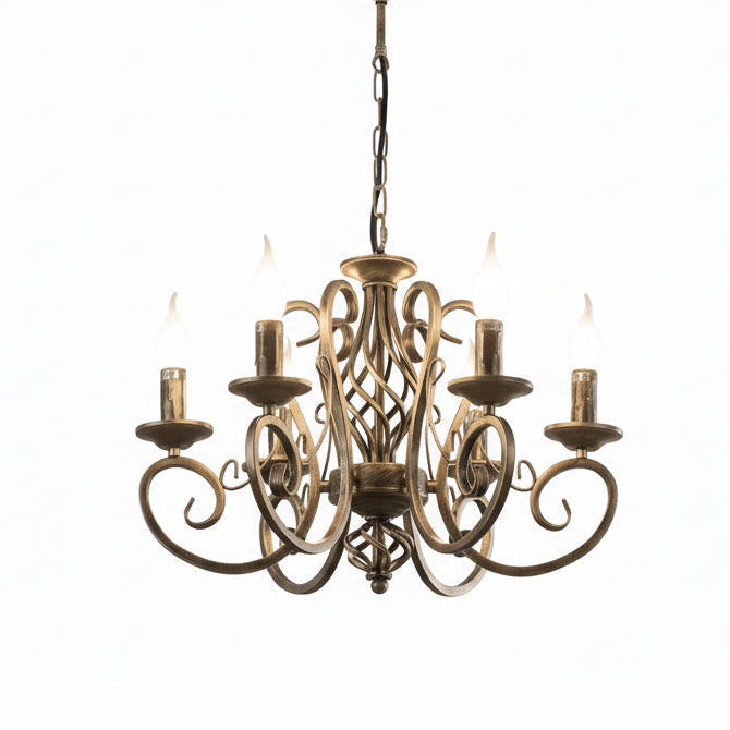 Antique gold candelabra cage chandelier with curved lattice and scroll candle arms