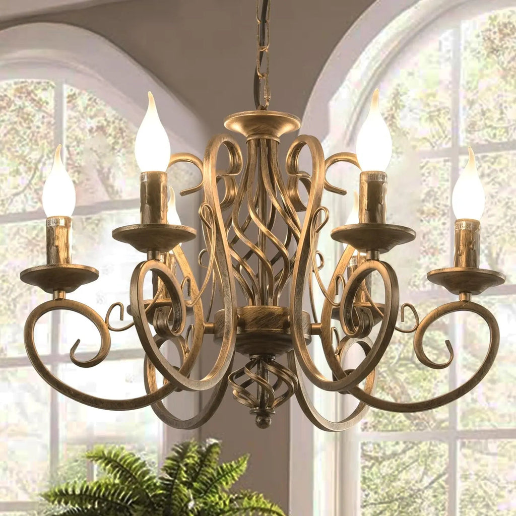 Antique gold scroll-arm cage chandelier with curved lattice and multiple candle cups