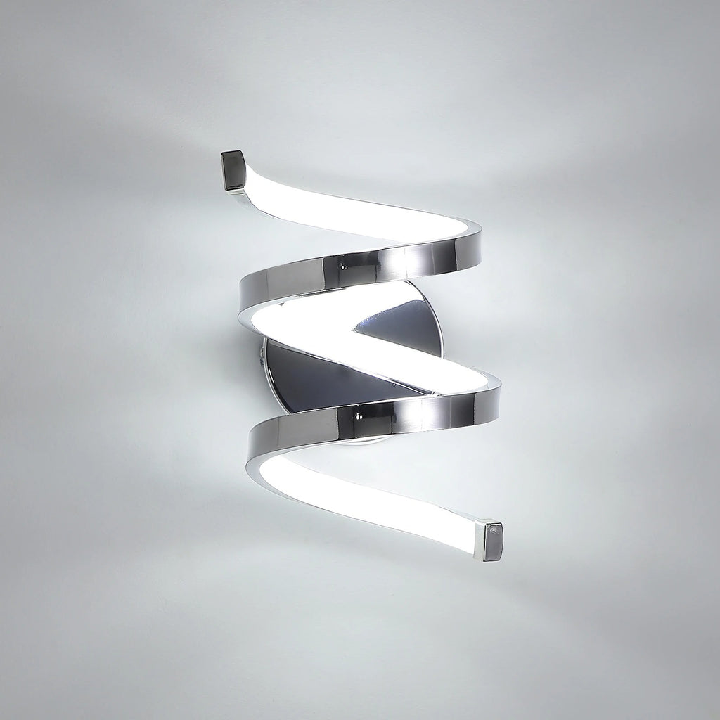 Spiral ribbon LED wall sconce with polished metal spiral bands and rectangular wall mounts