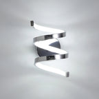 Spiral ribbon LED wall sconce with polished metal spiral bands and rectangular wall mounts