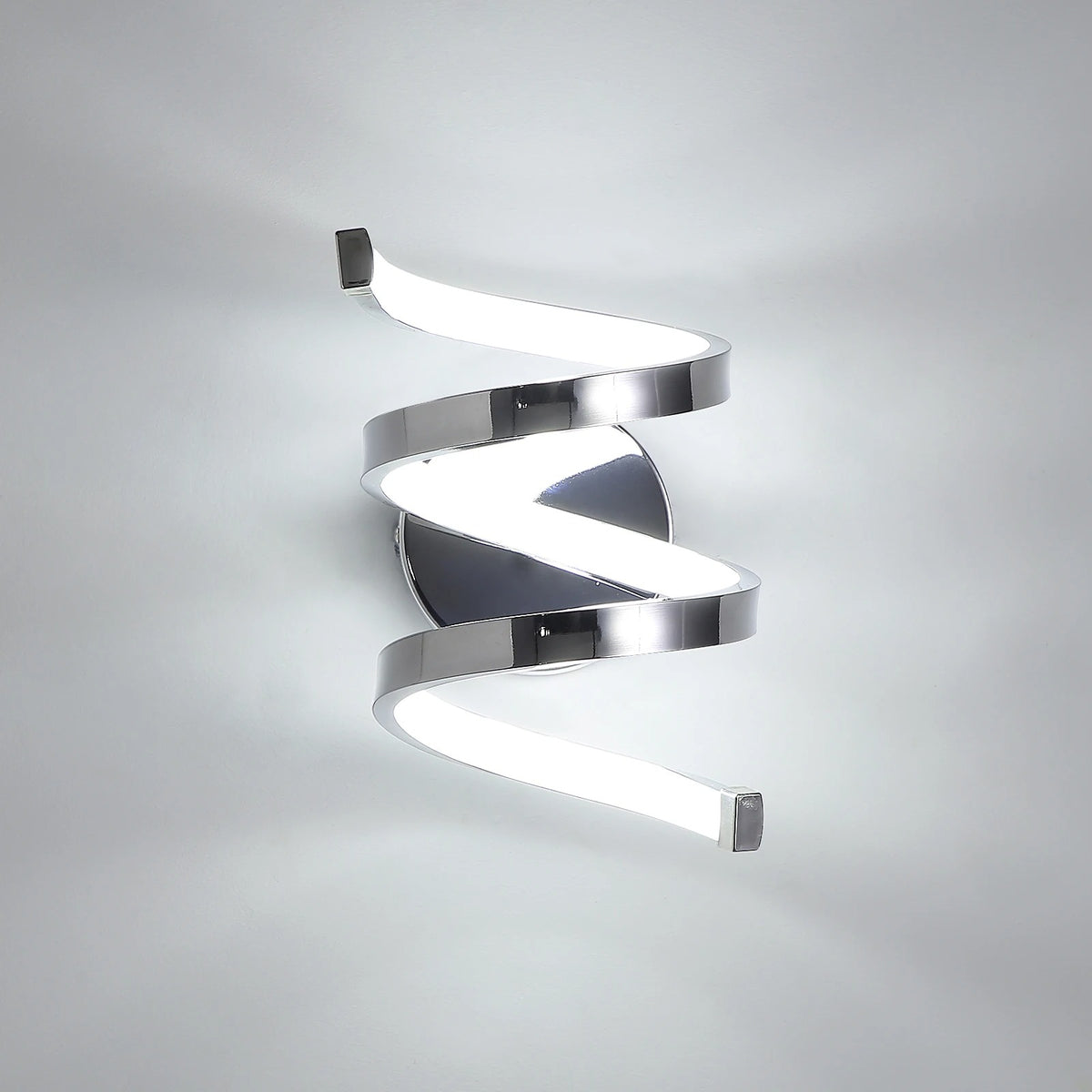 Spiral ribbon LED wall sconce with polished metal spiral bands and rectangular wall mounts
