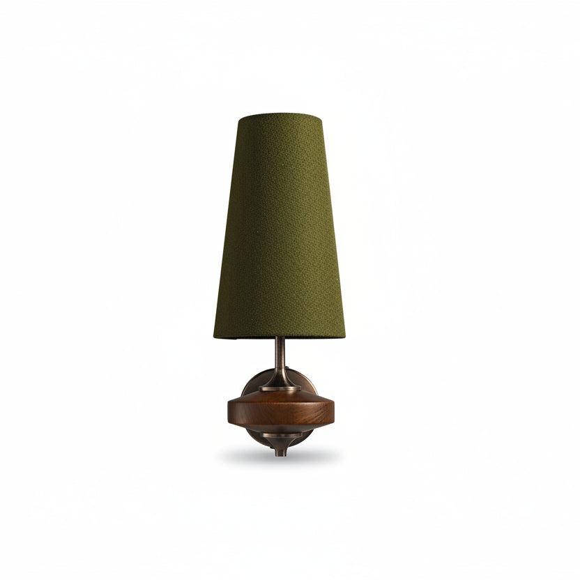 Green fabric cone wall sconce with bronze mount and single lamp shade