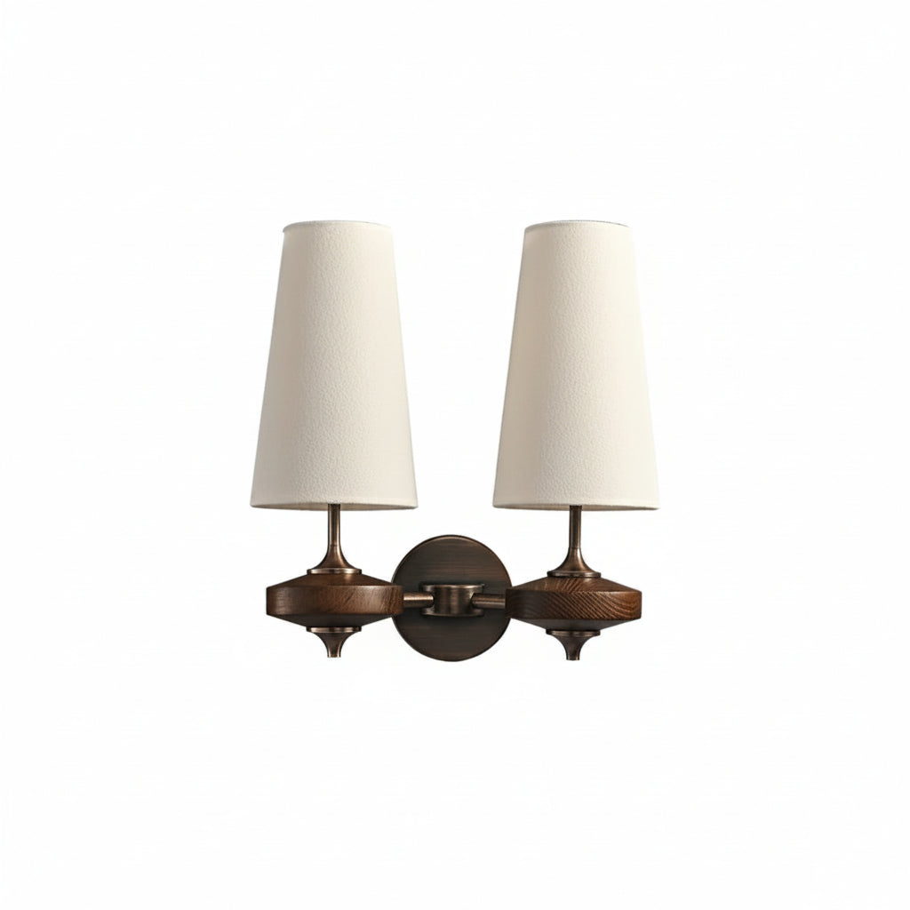 Two-head off-white fabric cone wall sconce with bronze backplate and twin shades