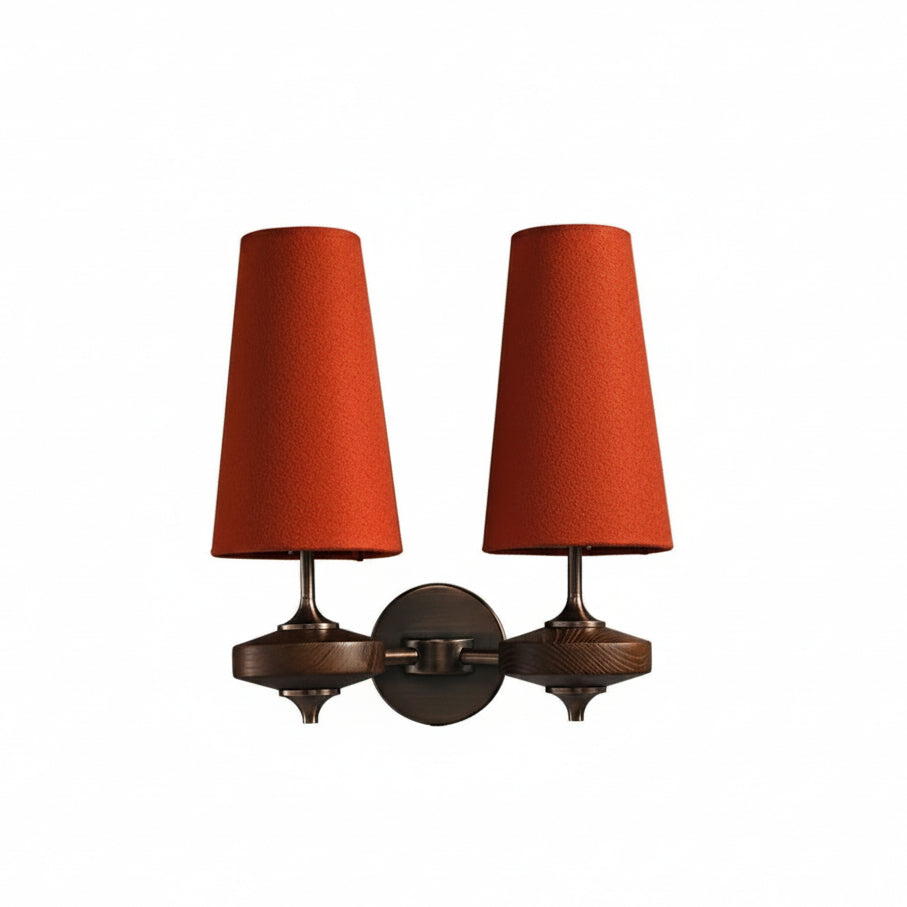 Two-head red fabric cone wall sconce with bronze backplate and twin shades