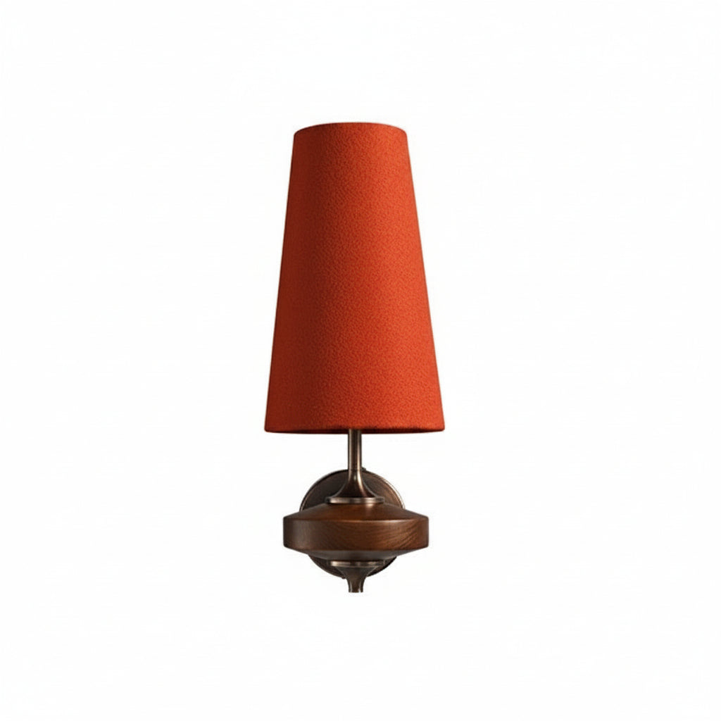 Red fabric cone wall sconce with bronze mount and single lamp shade