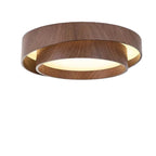Round dual-ring LED flush mount ceiling light with warm glow, woodgrain brown finish