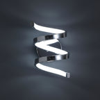Spiral ribbon LED wall light with glowing ribbon strips and polished metal spiral frame