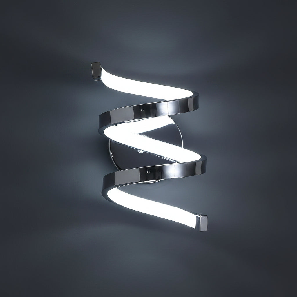 Spiral ribbon LED wall light with glowing ribbon strips and polished metal spiral frame