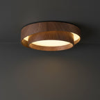 Low-profile round LED ceiling light with dual rings and warm white inner diffuser, wood finish