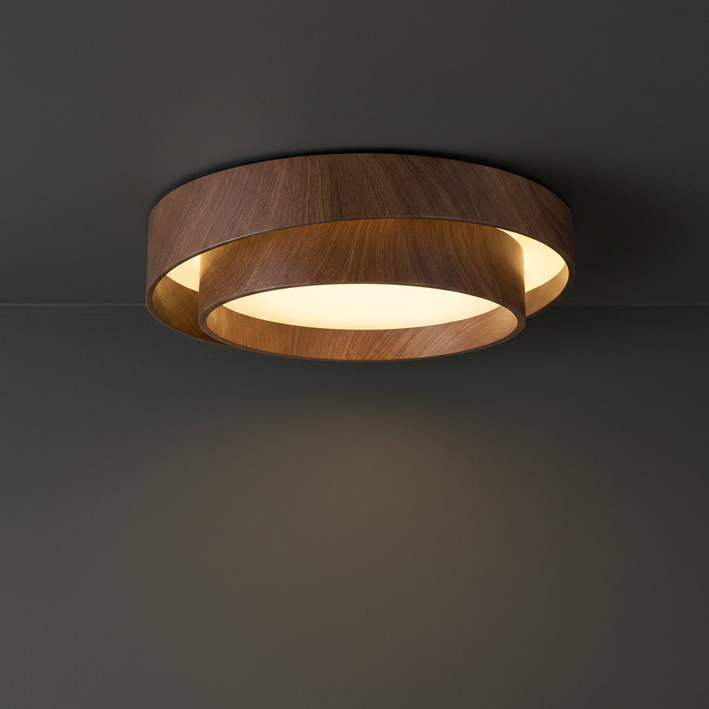 Low-profile round LED ceiling light with dual rings and warm white inner diffuser, wood finish