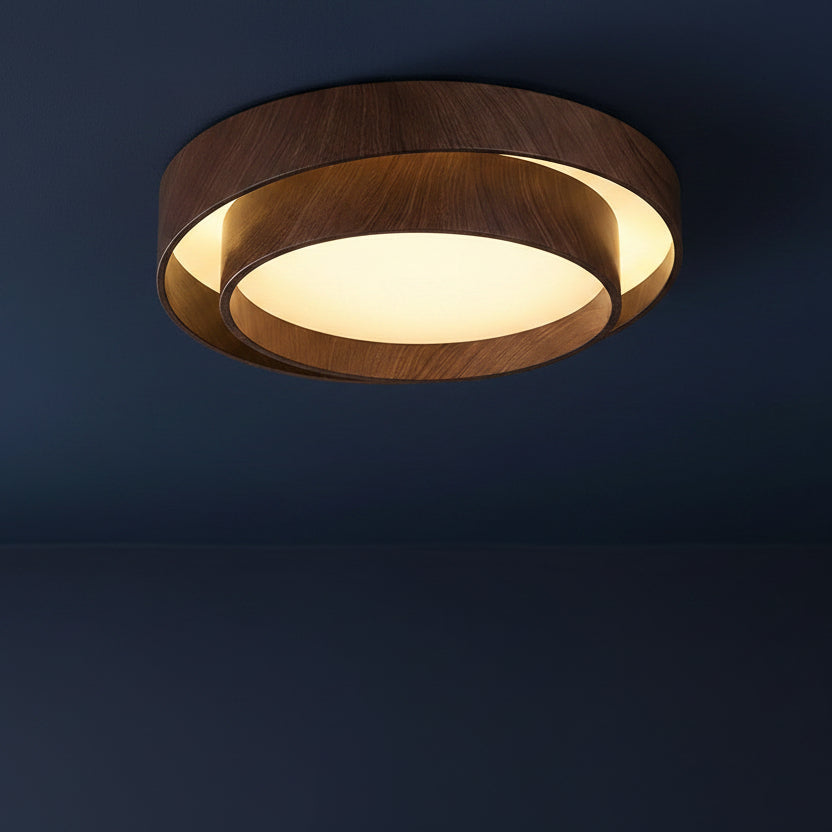 Scandinavian round dual-ring LED ceiling flush mount with warm glow and woodgrain trim