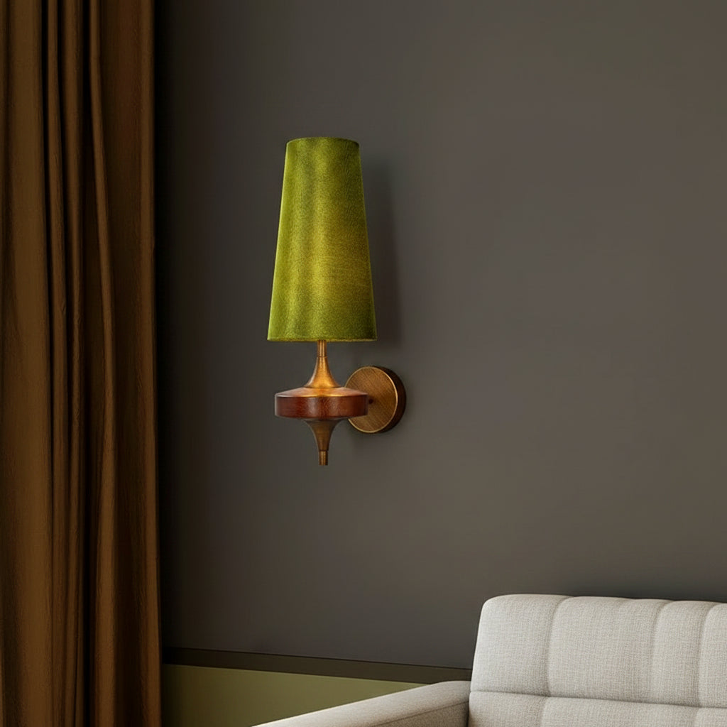 Green fabric cone wall sconce with bronze backplate and single lamp shade