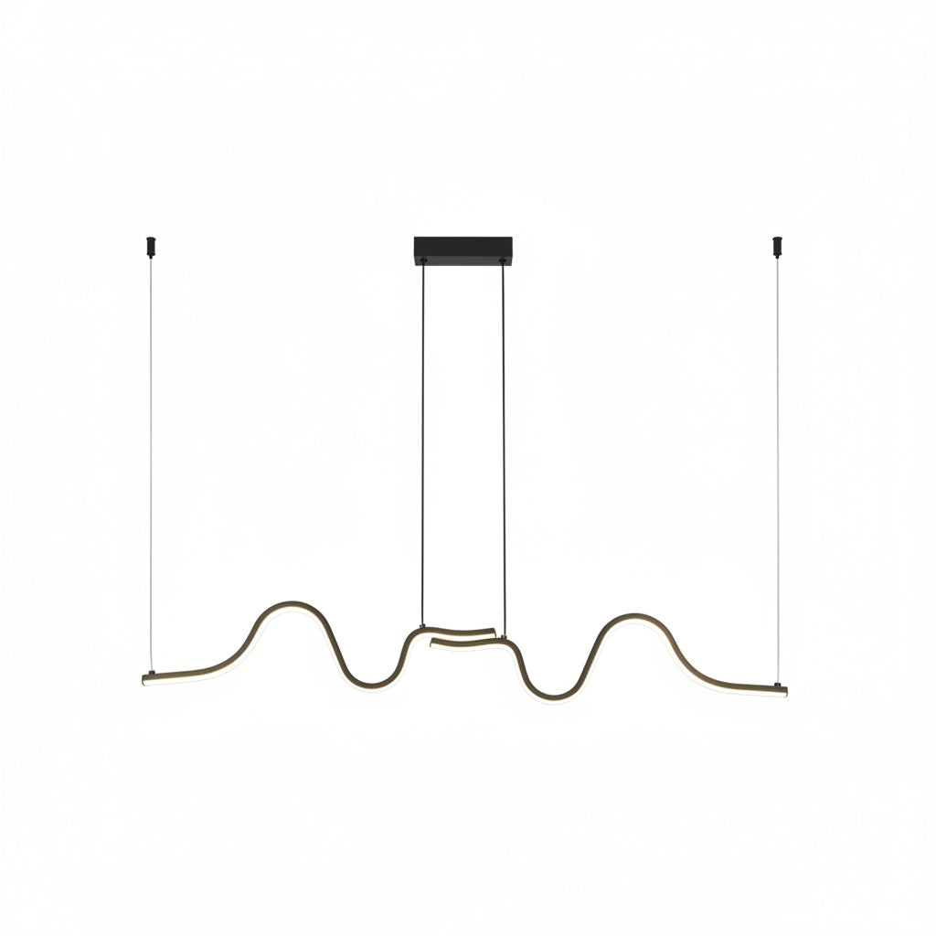 Asymmetrical wavy linear LED pendant light with two dark end fittings and cords