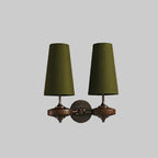 Two-head green fabric cone wall sconce with bronze backplate and twin shades
