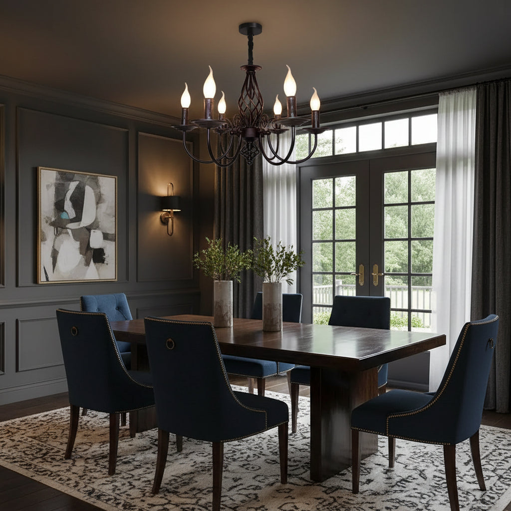 Rustic scroll arms chandelier with dark metal canopy and five candle-style bulbs, warm glow
