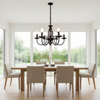 Rustic scroll arms chandelier with five candle-style lights, dark bronze black finish