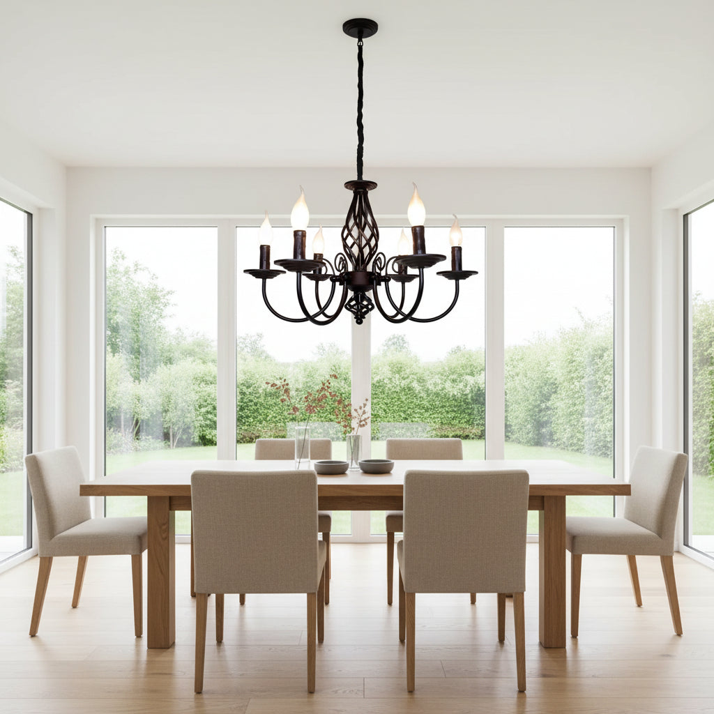 Rustic scroll arms chandelier with five candle-style lights, dark bronze black finish
