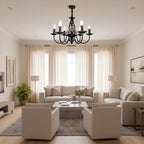 Scroll spindle chandelier with five candle-style lights and twisted central spindle, dark bronze