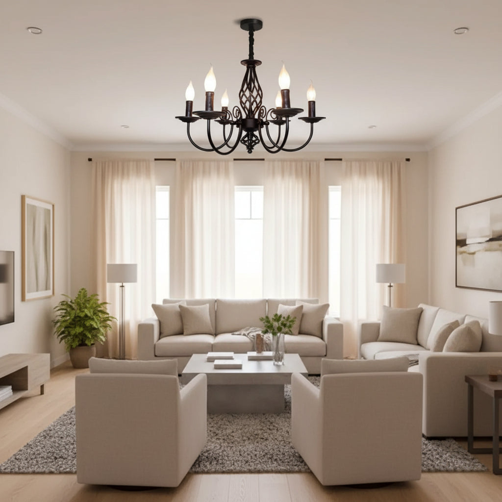 Scroll spindle chandelier with five candle-style lights and twisted central spindle, dark bronze
