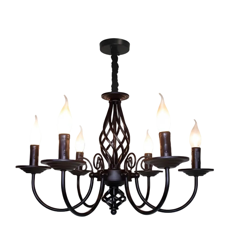 Five-light scroll spindle chandelier with teardrop lattice center and candle bulbs, dark bronze