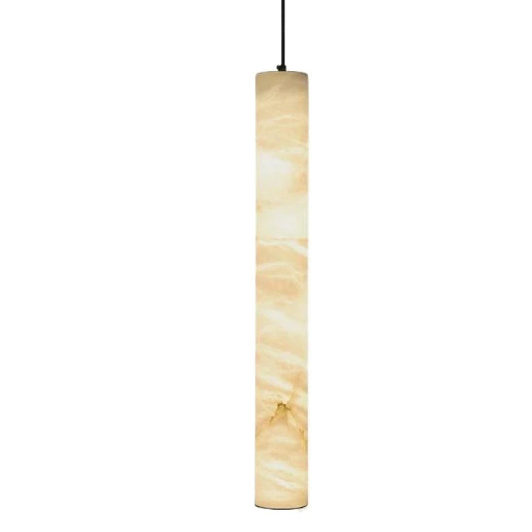 Cream alabaster tubular pendant light with hanging black cord.