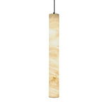 Cream alabaster tubular pendant light with hanging black cord.