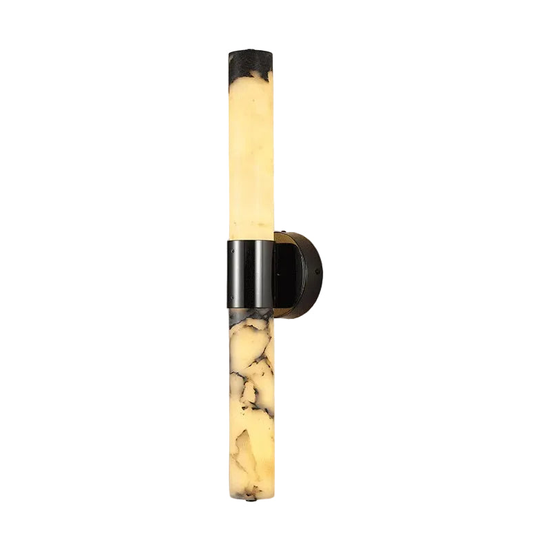 Alabaster tube wall light with cylindrical diffuser and black metal backplate