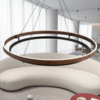 Large round wood ring LED chandelier with black inner band and hanging cables