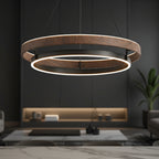Wood-ring LED chandelier with warm glowing circular light band and black inner frame