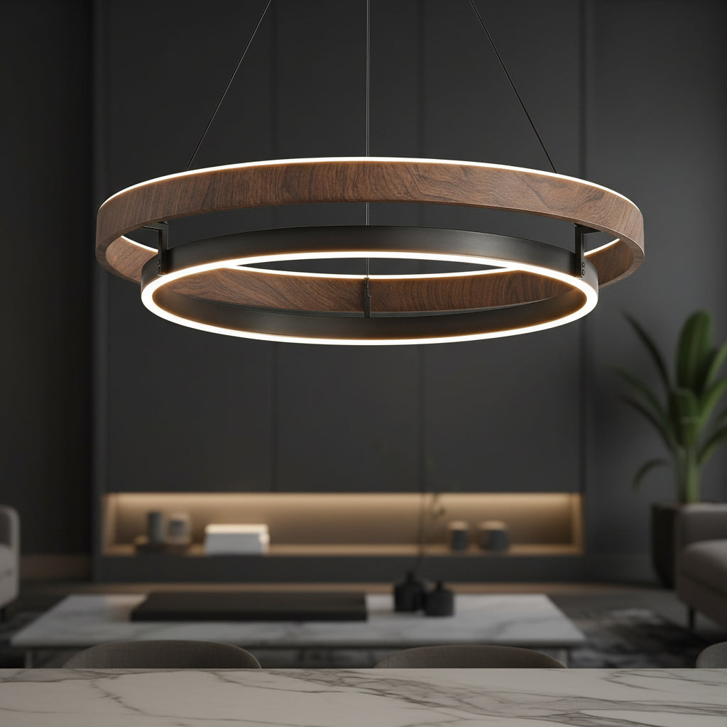 Wood-ring LED chandelier with warm glowing circular light band and black inner frame