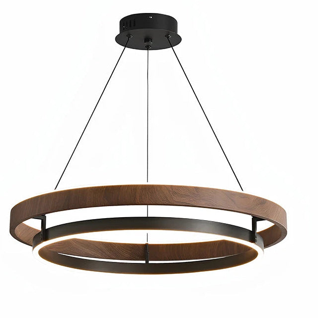 Modern round LED hanging chandelier with black ceiling plate and wood ring