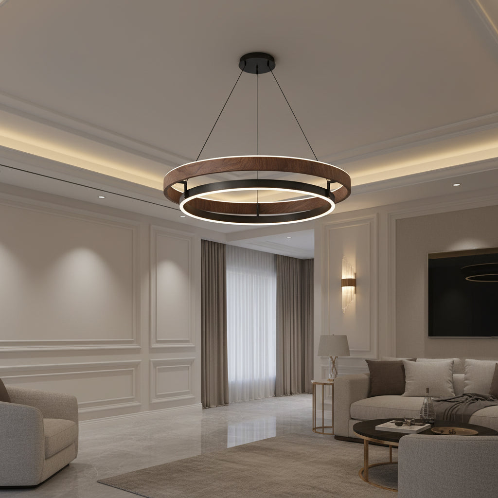Tiered circular LED pendant chandelier with wood outer ring and black ceiling mount
