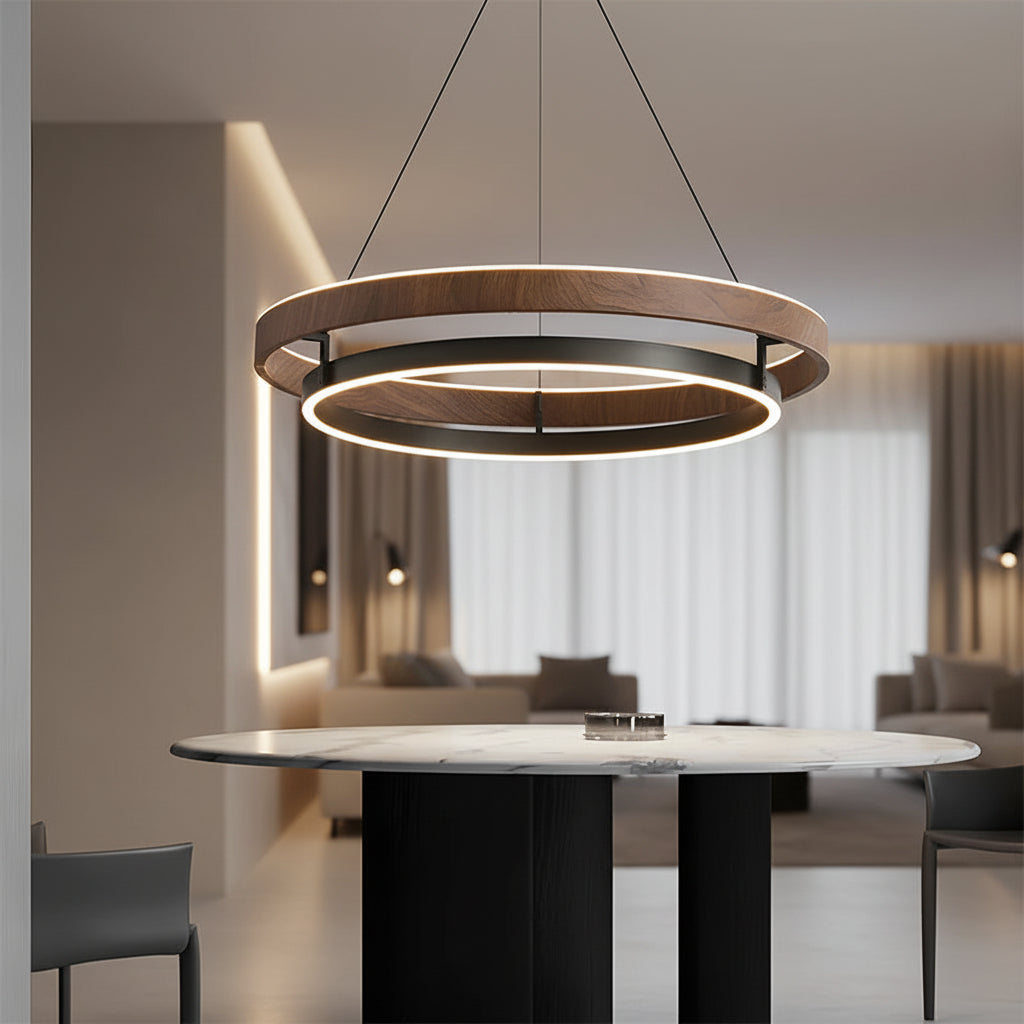 Round wood-and-black LED hanging chandelier with glowing inner ring under suspension rods