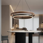 Round wood-and-black LED hanging chandelier with glowing inner ring under suspension rods