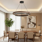 Round tiered LED hanging chandelier with dark metal canopy and wood ring frame