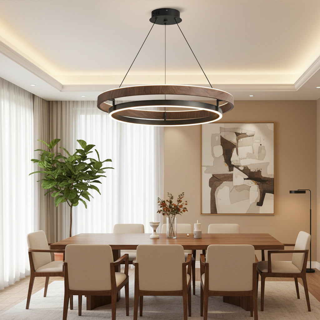 Round tiered LED hanging chandelier with dark metal canopy and wood ring frame