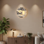 Round backlit wall clock light with marble design and Roman numerals in a living room