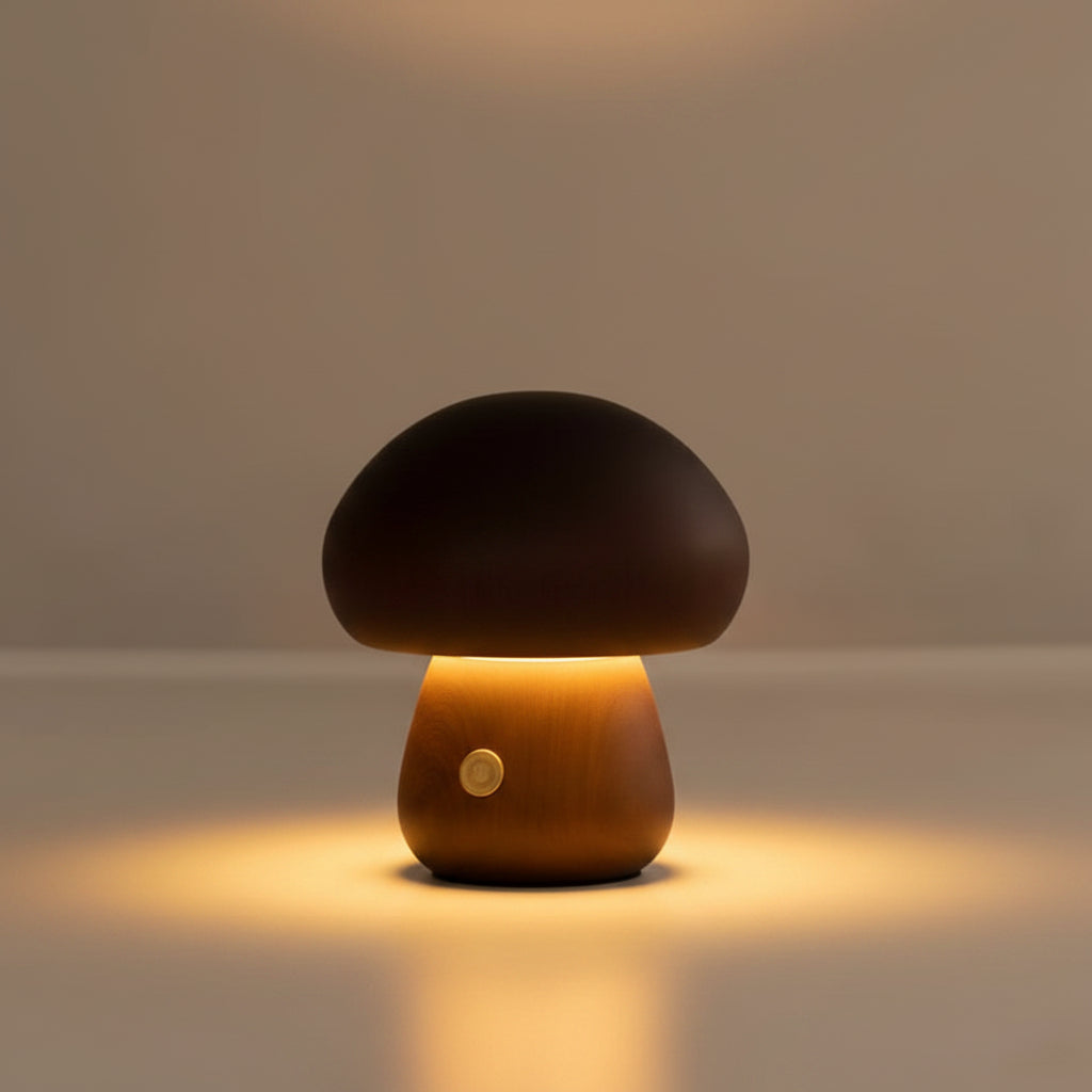 Dark wood mushroom table lamp glowing softly with round power button