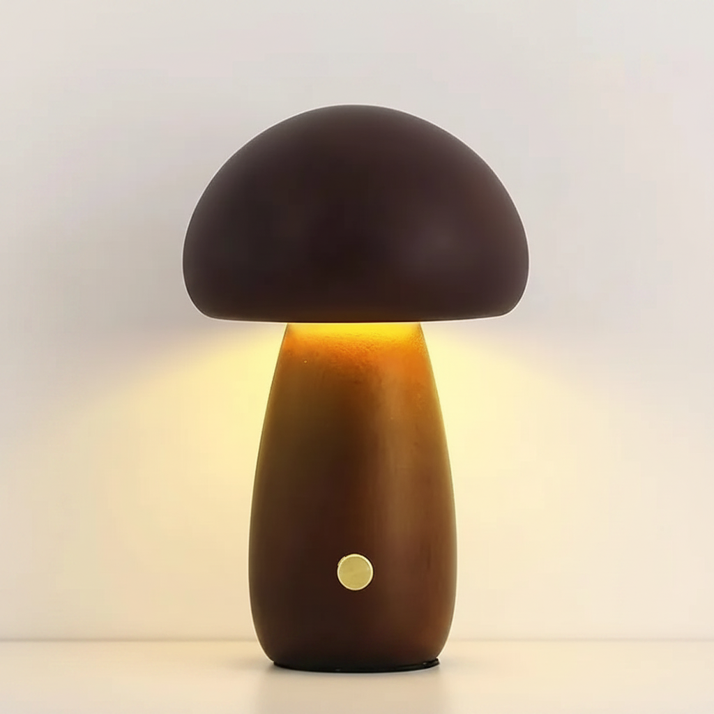 Dark wood mushroom table lamp with warm glow and round power button