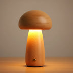 Light wood mushroom desk lamp with warm light and round power button