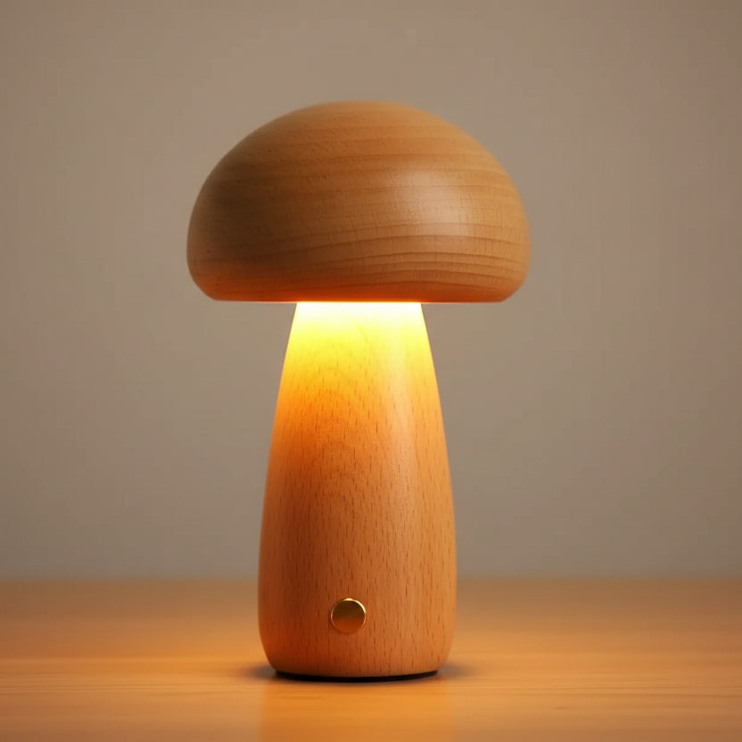 Light wood mushroom desk lamp with warm light and round power button
