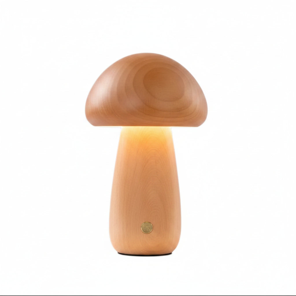 Mushroom-shaped wooden table lamp, light wood finish with round power button